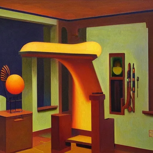 Prompt: a shrine to an ancient technological god, lowbrow, pj crook, ( ( ( grant wood ) ) ), ( ( ( edward hopper ) ) ), oil on canvas