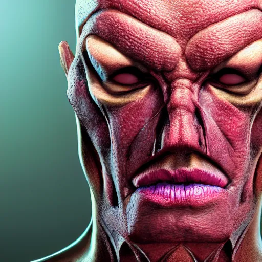 Image similar to vegan supervillain, UHD, hyperrealistic render, highly detailed, 4k, artstation