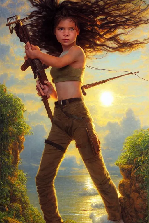 Image similar to golden hour, young Lara Croft chilling out, Lilia Alvarado, Sophie Anderson, Mark Arian, Bob Byerley, Charlie Bowater, Mark Brooks, Steve Henderson, Justin Gerard, Arthur Hughes, Edward Robert Hughes, Mark Keathley, Victor Nizovtsev, Carlos Shwabe, Ross Tran, WLOP