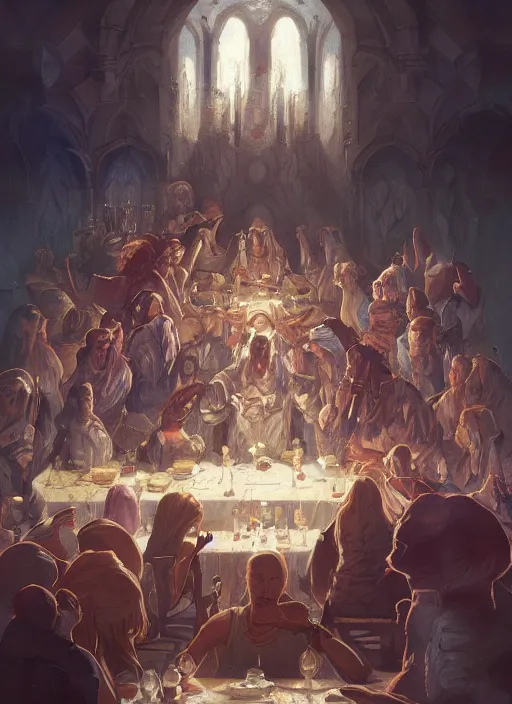 Prompt: the last supper beautiful painting by arthur addams and greg rutkowski and don bluth, highly detailed, illustration, epic, fantasy, intricate, hyper detailed, artstation, concept art, smooth, sharp focus, ray tracing