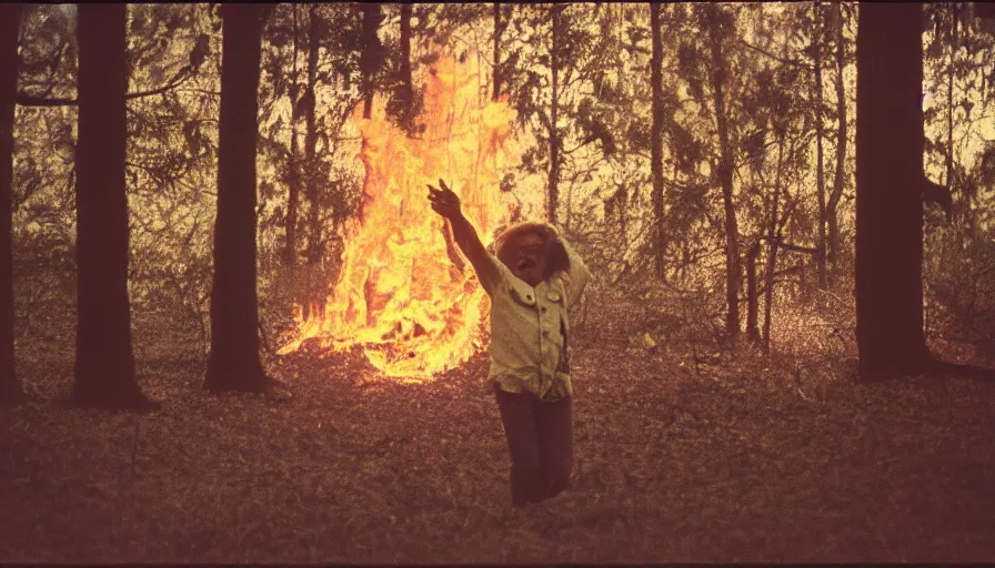 Image similar to 7 0 s film still from a horror movie about a burning tree and a laughing kid, kodachrome, cinecolor, cinestill, film grain, film texture, retro, cinematic, high resolution, photorealism,