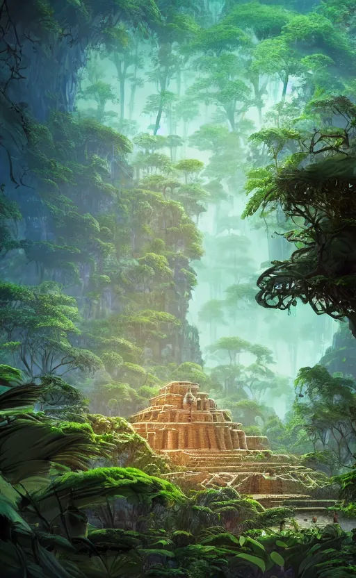 Image similar to microscopic tardigrade, microbiology, magical forest, ruins, civilization, vegetation, mayan temple, futuristic, sharp focus, electric, backlight, furry, soft, concept art, intricate details, highly detailed, photorealistic, disney pixar, james gilleard, moebius, print, iridescent, global illumination, anime, game art