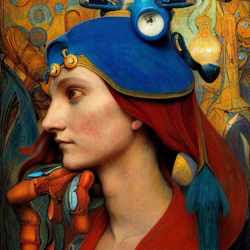 Image similar to the robot princess with her bird mask, by annie swynnerton and diego rivera and elihu vedder, symbolist, dramatic lighting, elaborate geometric ornament, head and shoulders, art brut, soft cool colors, smooth, sharp focus, extremely detailed, adolf wolfli and donato giancola