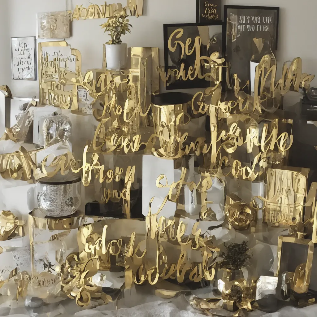 Prompt: 3 meaningless verbs printed as home decoration items, golden font, pointless