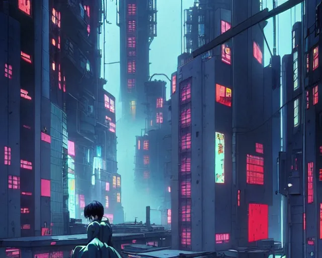 Image similar to Gray sky, futuristic urban slums. Aesthetics of Akira, Ghost in the shell, Neon Genesis Evangelion, Trigun