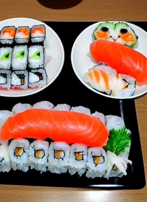 Image similar to clear photorealistic picture of adorable cats made out of sushi