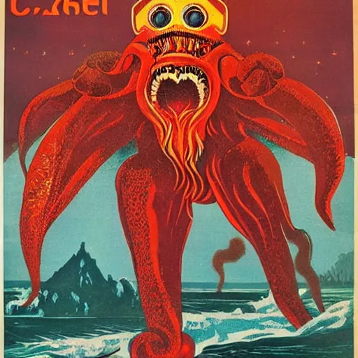 Image similar to A vintage soviet poster featuring C'thulhu, by Keith Munro and Fernanda Cursio and Sergei Shirobokov