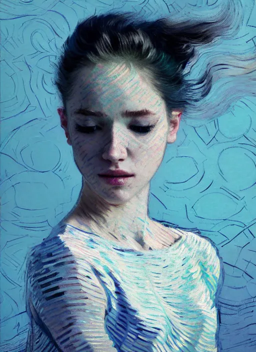 Prompt: portrait of beautiful girl, porcelain skin, ecstatic, dancing, eyes closed, shades of pastel blue and light grey, new york backdrop, beautiful face, rule of thirds, intricate outfit, spotlight, by greg rutkowski, by jeremy mann, by francoise nielly, by van gogh, digital painting