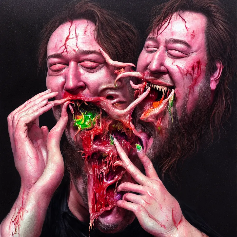 Image similar to weird and disturbing psychedelic bill hicks eating rotten flesh, smiling and puking, diffuse lighting, fantasy, intricate, elegant, highly detailed, lifelike, photorealistic, digital painting, artstation, illustration, concept art, smooth, sharp focus, art by francis bacon