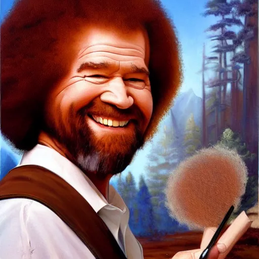 Prompt: oil painting of Bob Ross painting the devil and making him smile and blush