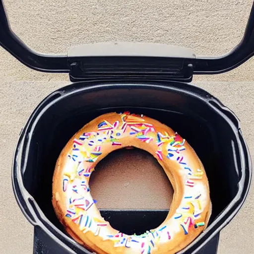 Prompt: an trash can full with donut inside