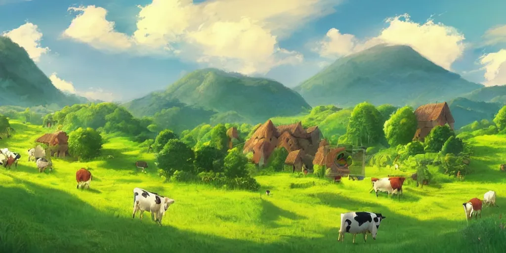 Prompt: a beautiful fantasy landscape of a village with cows and grass in front, green mountain far away back, dynamic sky above, soft sunshine, summer feeling, in the ghibli style