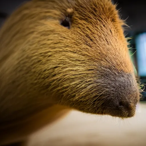 Image similar to photo of a capybara eating a nvidia gpu, neon lighting, nature photography, 8 k, canon 3 0 0 mm, professional photographer, 4 0 mp, lifelike, top - rated, award winning, realistic, sharp, no blur, edited, corrected, trending