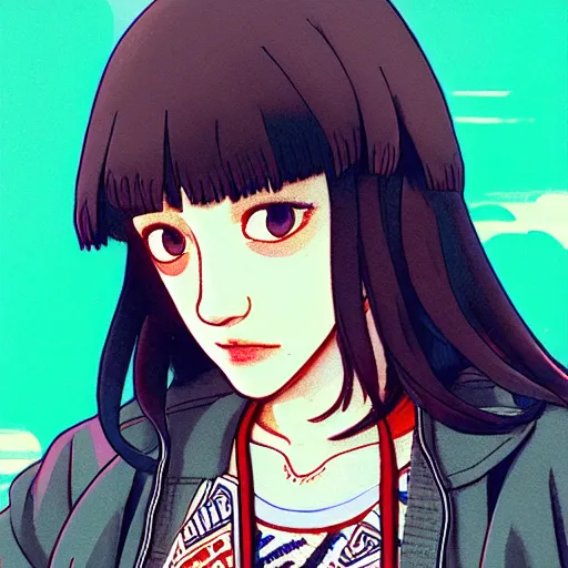 Image similar to a beautiful boyish kat dennings alluring gravure model, wearing oversized mayan bomber jacket and leotard with overalls, bulky poofy aztec native style bomber jacket with mayan patterns, gapmoe yandere grimdark, trending on pixiv fanbox, painted by greg rutkowski makoto shinkai takashi takeuchi studio ghibli, akihiko yoshida