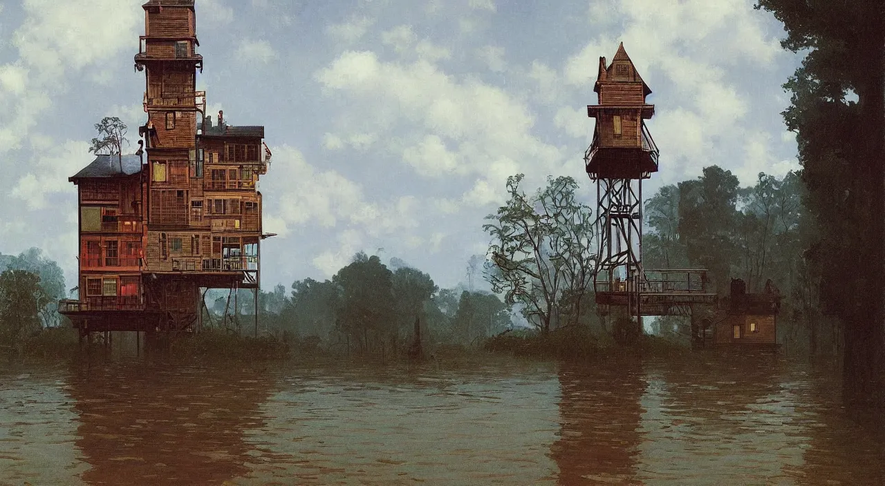 Image similar to single flooded simple victorian wooden tower, very coherent and colorful high contrast!! masterpiece by rene magritte simon stalenhag carl spitzweg syd mead norman rockwell edward hopper james gilleard, minimalist, dark shadows, sunny day, hard lighting