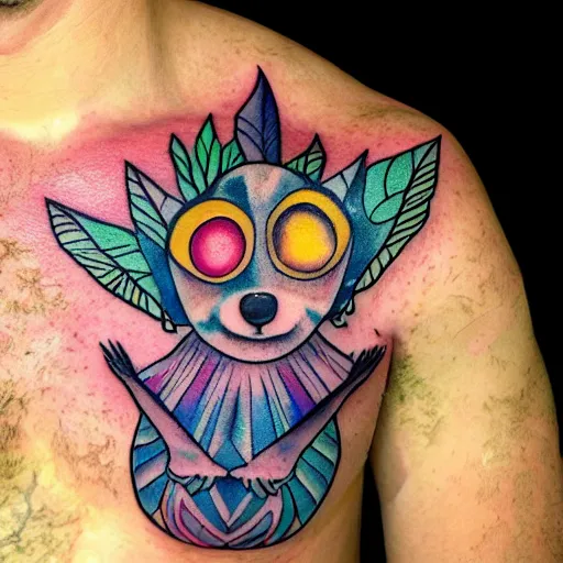 Prompt: shoulder tattoo of a multicolored psychedelic cute galago, eyes are colorful spirals, surrounded with colorful sparkeling flowers and irisdescent marihuana leaves, insanely integrate