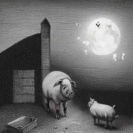 Image similar to pig in a tuxedo coming out of a barn, dark, moon, dark clouds, high detail, dramatic light, drawing gustave dore