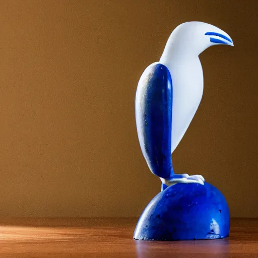 Prompt: stylized dynamic sculpture of a white and lapis lazuli crow, beautiful studio lighting 35mm F/1.2