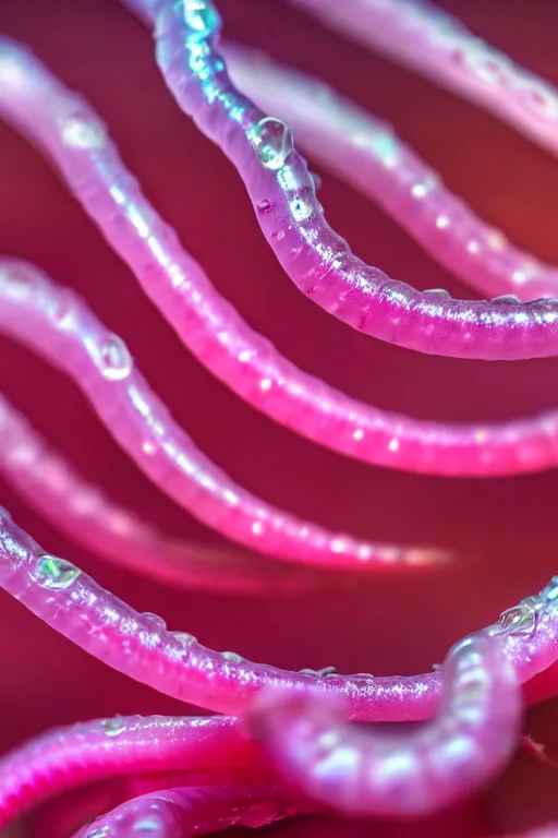 Image similar to high quality macro photo pearlescent gelatinous worms! gorgeous highly detailed hannah yata elson peter cinematic pink lighting high quality low angle hd 8k sharp shallow depth of field