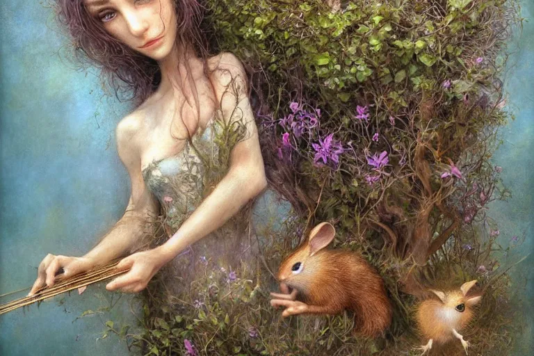 Prompt: dryad musician by brian froud, perfect face, accompanied by a cute feathered mouse, cinematic, stunning, highly detailed, digital painting, artstation, smooth, hard focus, illustration, art by jessica rossier and brian froud