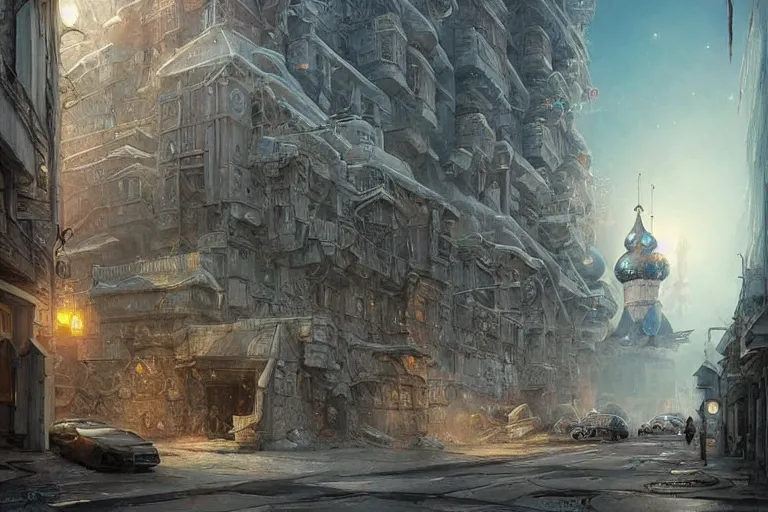 Prompt: It’s enchanting on the streets of Russian panel houses quarters on the Moon city, Norilsk, sci-fi, fantasy, intricate, very very beautiful, elegant, highly detailed composition, digital rendering, artstation, concept art, smooth, sharp focus, illustration, art by artgerm and greg rutkowski and alphonse mucha