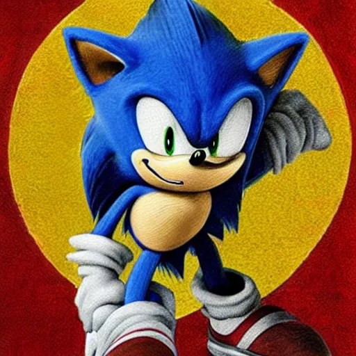 Image similar to sonic the hedgehog painted by leonardo da vinci