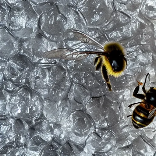 Image similar to a bee and an flower fossilized in ice, ambient light