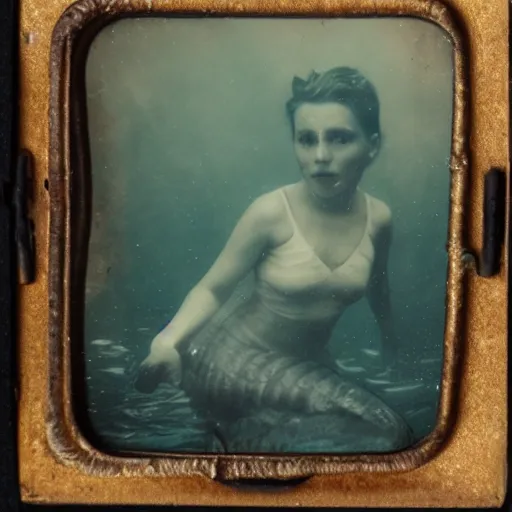 Prompt: underwater tintype photo of swimming mermaid