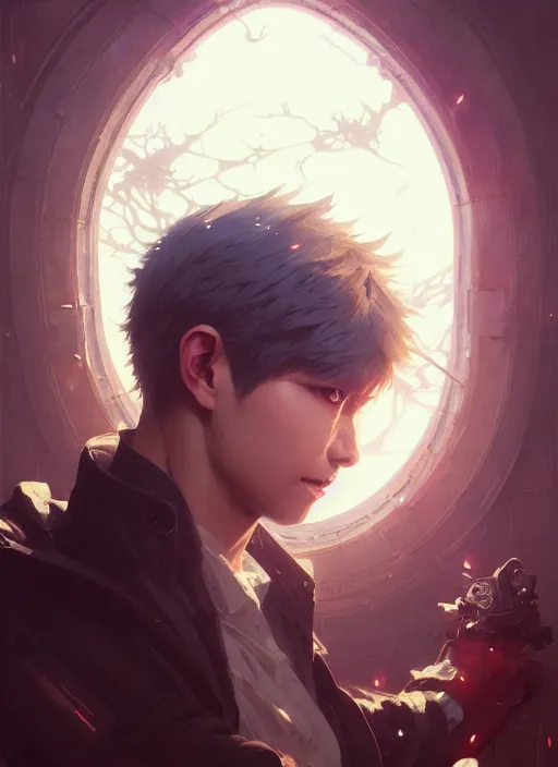 Image similar to Highly detailed portrait of Ken Kaneki, Stephen Bliss, unreal engine, fantasy art by Greg Rutkowski, Loish, Rhads, ferdinand knab, Makoto Shinkai and Lois van baarle, ilya kuvshinov, rossdraws, Tom Bagshaw, alphonse mucha, global illumination, radiant light, detailed and intricate environment