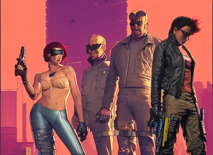 Image similar to cyberpunk heist crew. portrait by stonehouse and mœbius and will eisner and gil elvgren and pixar. character design. realistic proportions. cyberpunk 2 0 7 7 character art, blade runner 2 0 4 9 concept art. cel shading. attractive face. thick lines. the team. diverse characters. artstationhq.