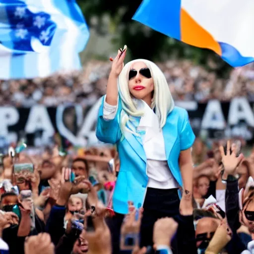 Image similar to Lady Gaga as president, Argentina presidential rally, Argentine flags behind, bokeh, giving a speech, detailed face, Argentina