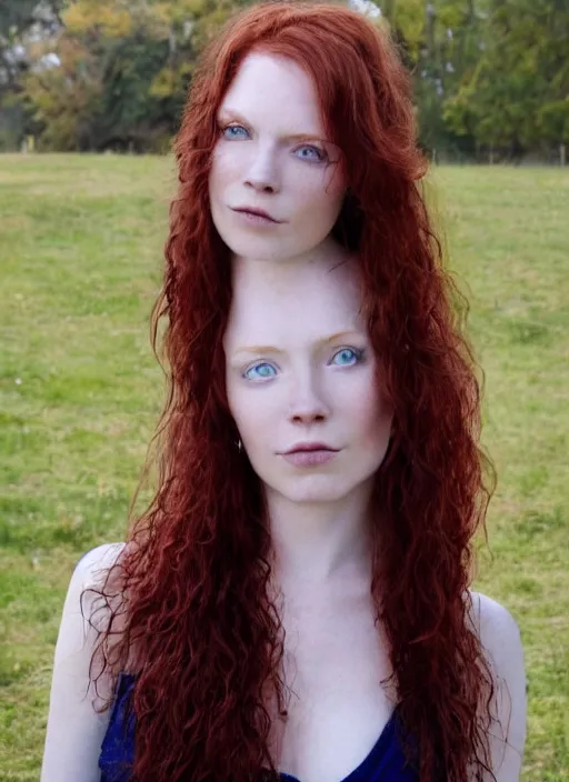 Image similar to close up portrait of a thin young redhead woman with russian descent, sunbathed skin, with deep blue eyes. wavy long maroon colored hair. she looks directly at the camera. slightly open mouth, face takes up half of the photo. a park visible in the background. intricate. detailed 8 k. art by luis royo.