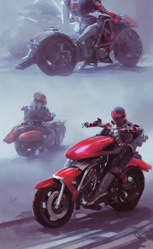 Prompt: a beautiful artwork illustration, concept art sketch of a mechanical motorcycle with red wheels, volumetric fog, godrays, high contrast, high contrast, high contrast, vibrant colors, vivid colors, high saturation, by Greg Rutkowski and Jesper Ejsing and Raymond Swanland, featured on artstation, wide angle, vertical orientation