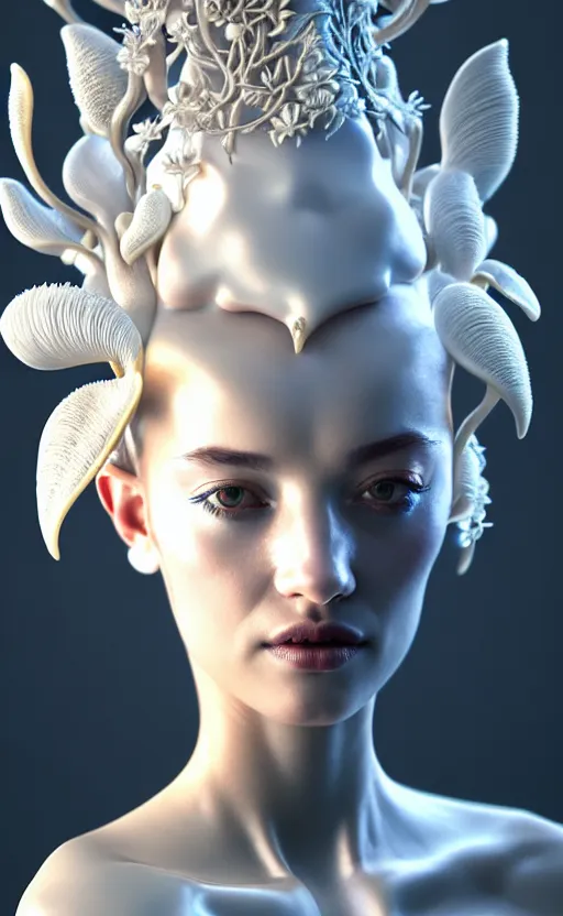 Image similar to intricate hyper detailed ultra sharp 3 d render of a beautiful porcelain seductive woman portrait, medium shot portrait, bright light, alexandre ferra mecha, cyberpunk mechanical haute couture huge white fractal mycelum and fungi, magnolia goliath head ornaments, big embroidered leaves filigree sinuous roots, yellow pistil, octane render, volumetric cinematic lighting, 8 k, vray tracing