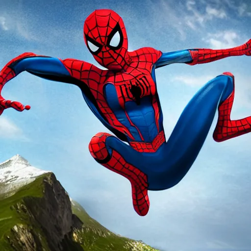 Prompt: Hyperrealistic photo of traveler spider-man carrying backpack and holding map on the mountain