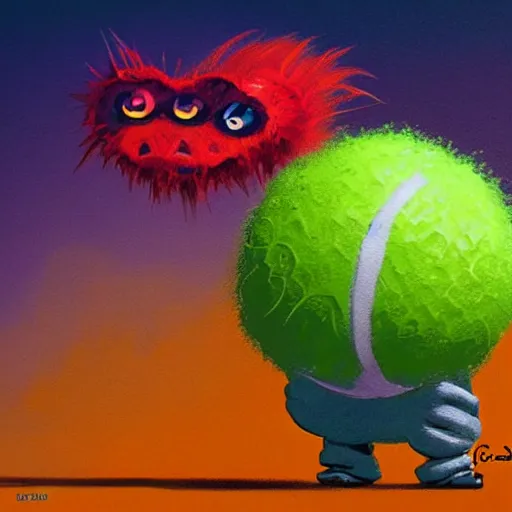 Image similar to a tennis ball monster ,tennis ball, chalk, digital art, fantasy, magic, trending on artstation, ultra detailed, professional illustration by Basil Gogos