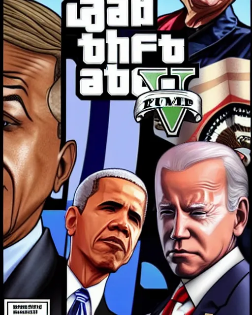 Prompt: GTA Cover Art, Obama, Biden, Trump