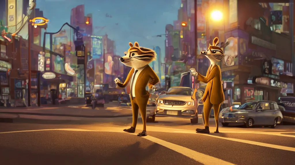 Image similar to An anthropomorphic raccoon businessman is walking down a busy crosswalk at sunset, warm lighting with an orange glow blanketing the cityscape, zootopia, other anthropomorphic characters are walking by him, extremely detailed, HDR, sideview, solemn and moody, many cars and animal people in the background, detailed face and eyes, large and detailed eyes with visible pupils, the road is wet with many rain puddles, reflections from the water on the ground, shadows are being cast from the cars and people walking around, raining