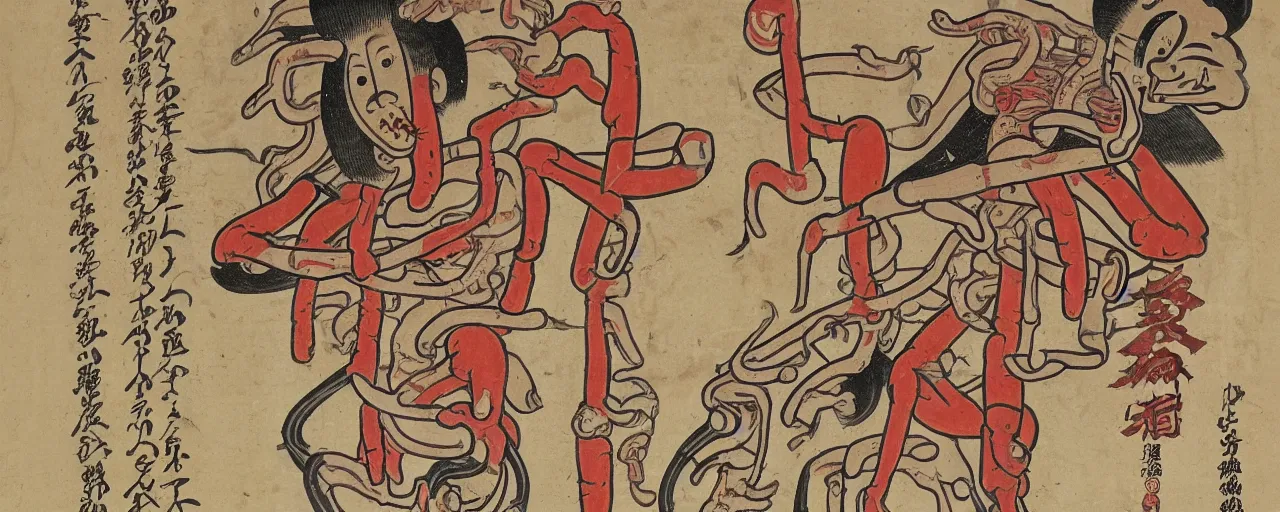 Prompt: an ancient papyrus depicting a japanese yokai's anatomy and information, ukiyo - e style