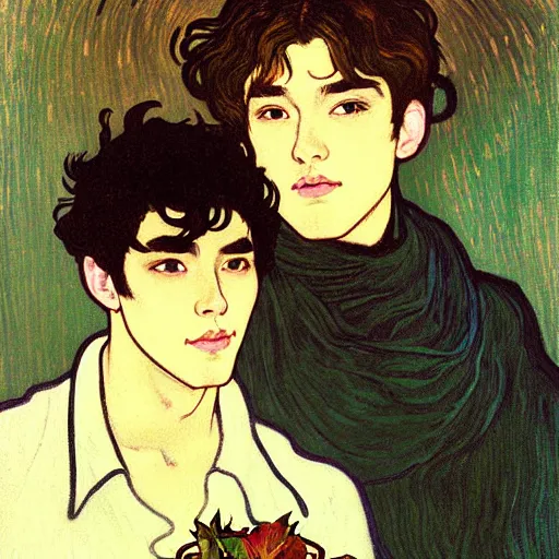 Image similar to painting of young cute handsome beautiful dark medium wavy hair man in his 2 0 s named shadow taehyung and cute handsome beautiful min - jun together at the halloween party, bubbling cauldron, candles, smoke, tarot, autumn colors, elegant, stylized, soft facial features, delicate facial features, art by alphonse mucha, vincent van gogh, egon schiele