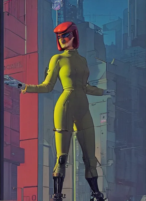 Image similar to cyberpunk traffic cop on stilts. distopian. portrait by mœbius and will eisner and gil elvgren and pixar. realistic proportions. cyberpunk 2 0 7 7, apex, blade runner 2 0 4 9 concept art. cel shading. attractive face. thick lines.