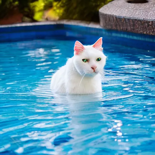 Image similar to white cat with blue eyes on a float in the pool