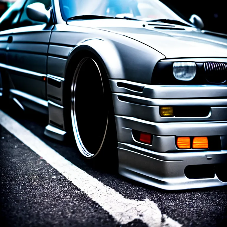 Image similar to close-up-photo BMW E36 turbo illegal night meet, work-wheels, Shibuya shibuya shibuya, roadside, cinematic color, photorealistic, deep dish wheels, highly detailed, custom headlights