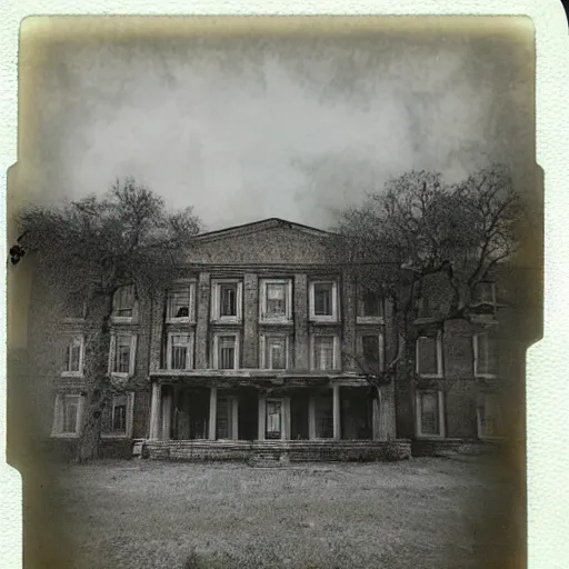 Prompt: polaroid photo of abandoned asylum with ghosts, scary, moody, dark, gloomy, paranoid