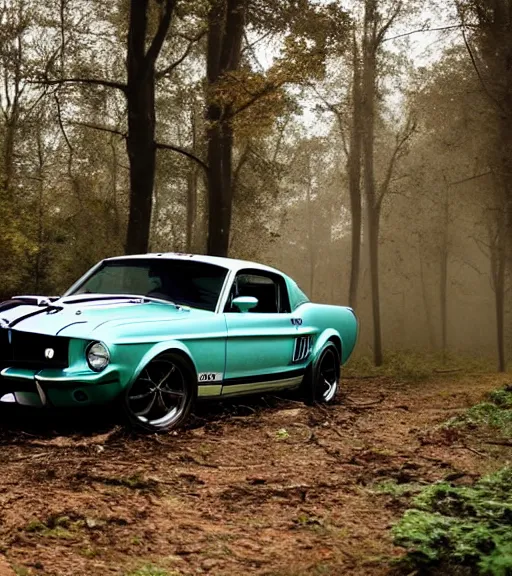 Image similar to 69 shelby mustang abandoned in a forest, fog, rural, damage, nature