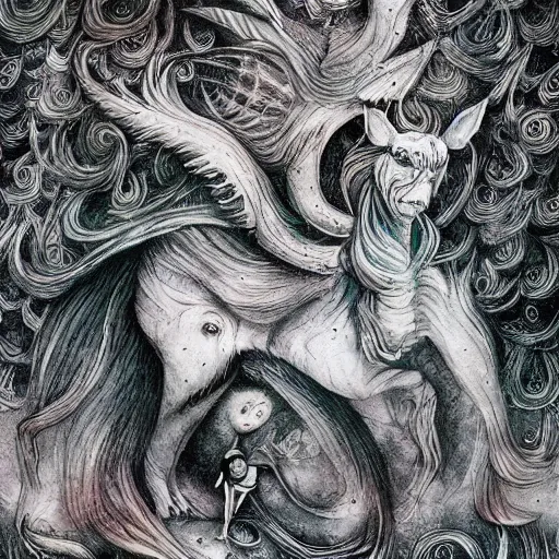 Image similar to strange mythical beasts of whimsy, surreal dark ink wash colllage by Ronny Khalil