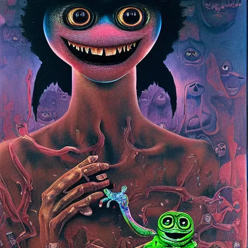 Image similar to a hyperrealistic painting of a haunted hotel lobby with spooky pepe the frog abducted by portals and aliens, random cows, cinematic horror by chris cunningham, lisa frank, richard corben, highly detailed, vivid color, beksinski painting, part by adrian ghenie and gerhard richter. art by takato yamamoto. masterpiece