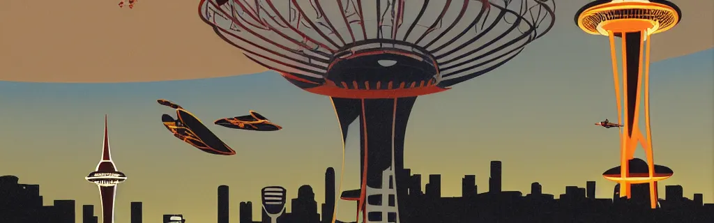 Prompt: angels over the seattle space needle, modernism, gouache, animated film, stylised, illustration, by eyvind earle, scott wills, genndy tartakovski, syd mead