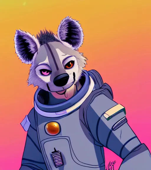 Prompt: digital detailed art of furry female hyena, in style of zootopia, fursona, furry, furaffinity, 4 k, deviantart, wearing astronaut outfit, in style of disney zootopia, floating in space, space background, hyena fursona, cyberpunk, female, detailed face, style of artgerm,