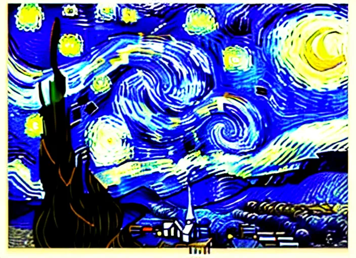 Image similar to starry night vii poster but the black is white and the dark blue is light, deep detailed